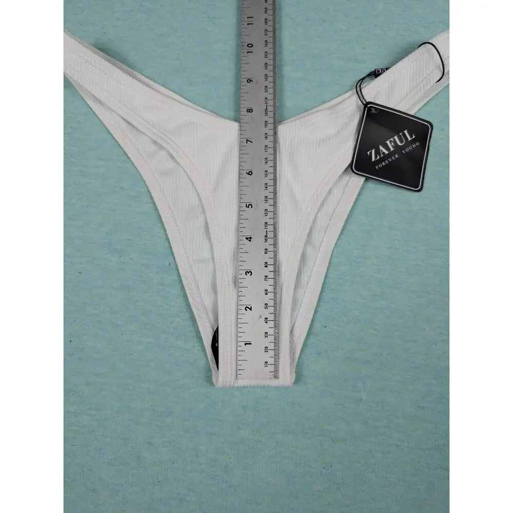 Zaful Swim Bikini Bottom Womens Size 6 White Ribbed Cheeky New w/ Tags